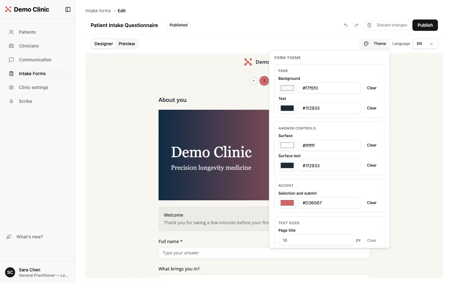 Intake form theme panel with page colors, accent color, text sizes and font