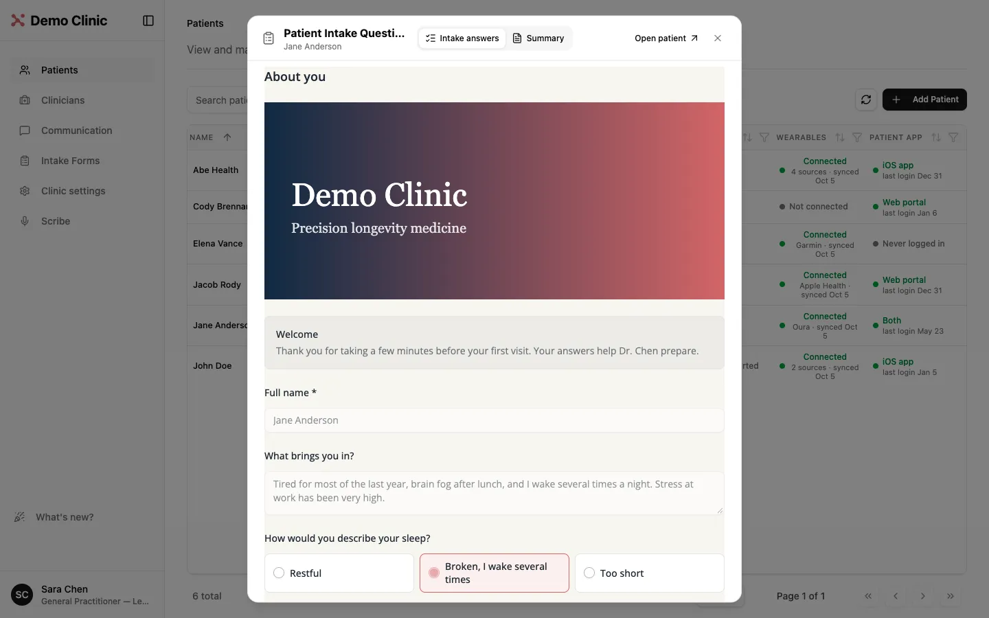 Completed branded intake form with clinic banner, opened from the patient list