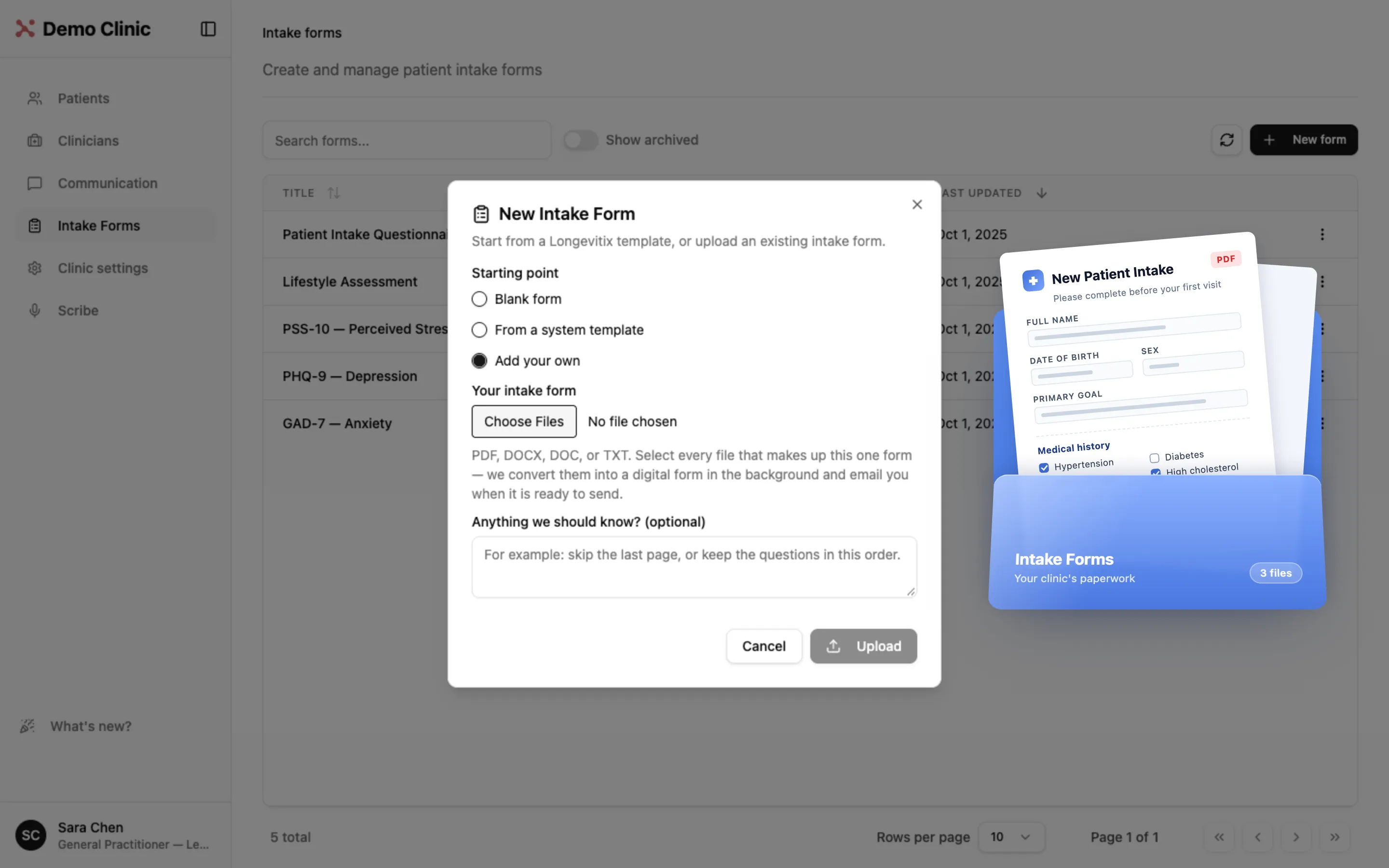 New intake form dialog with the option to upload your own questionnaire