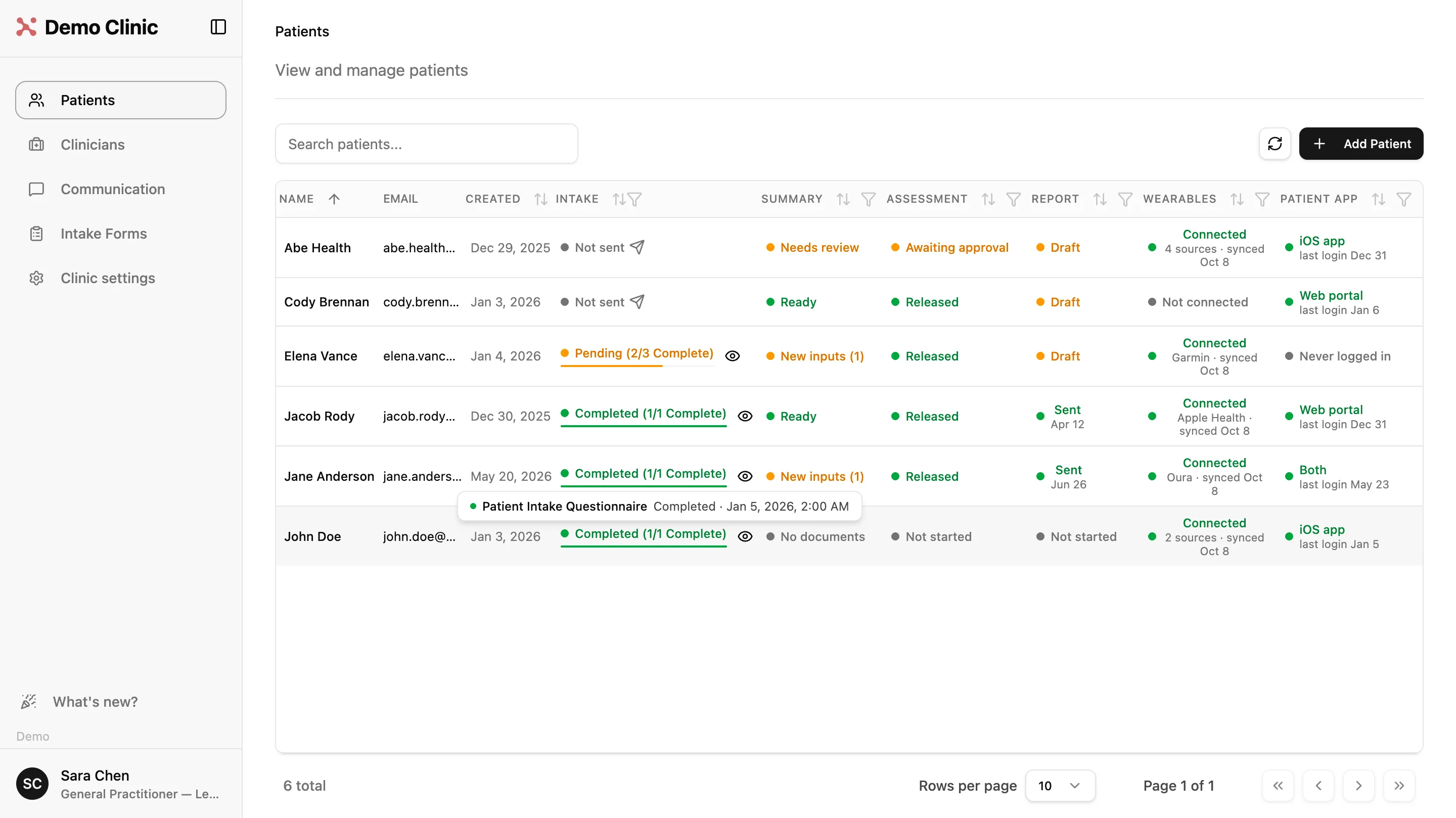 Patient list with intake completion status and a preview icon for each completed intake