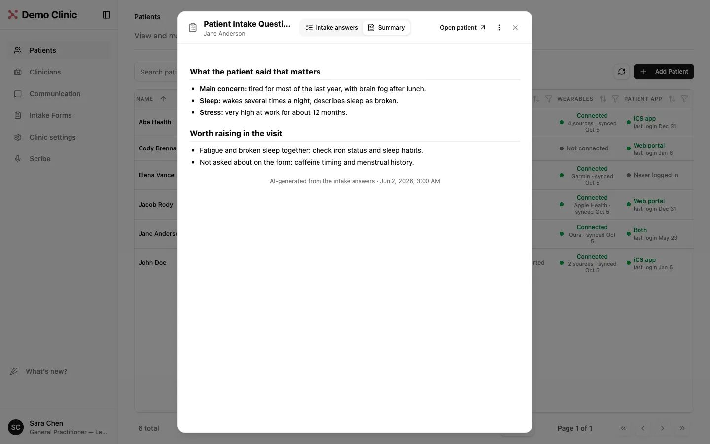 Intake preview window with an AI-generated summary of the patient's intake answers