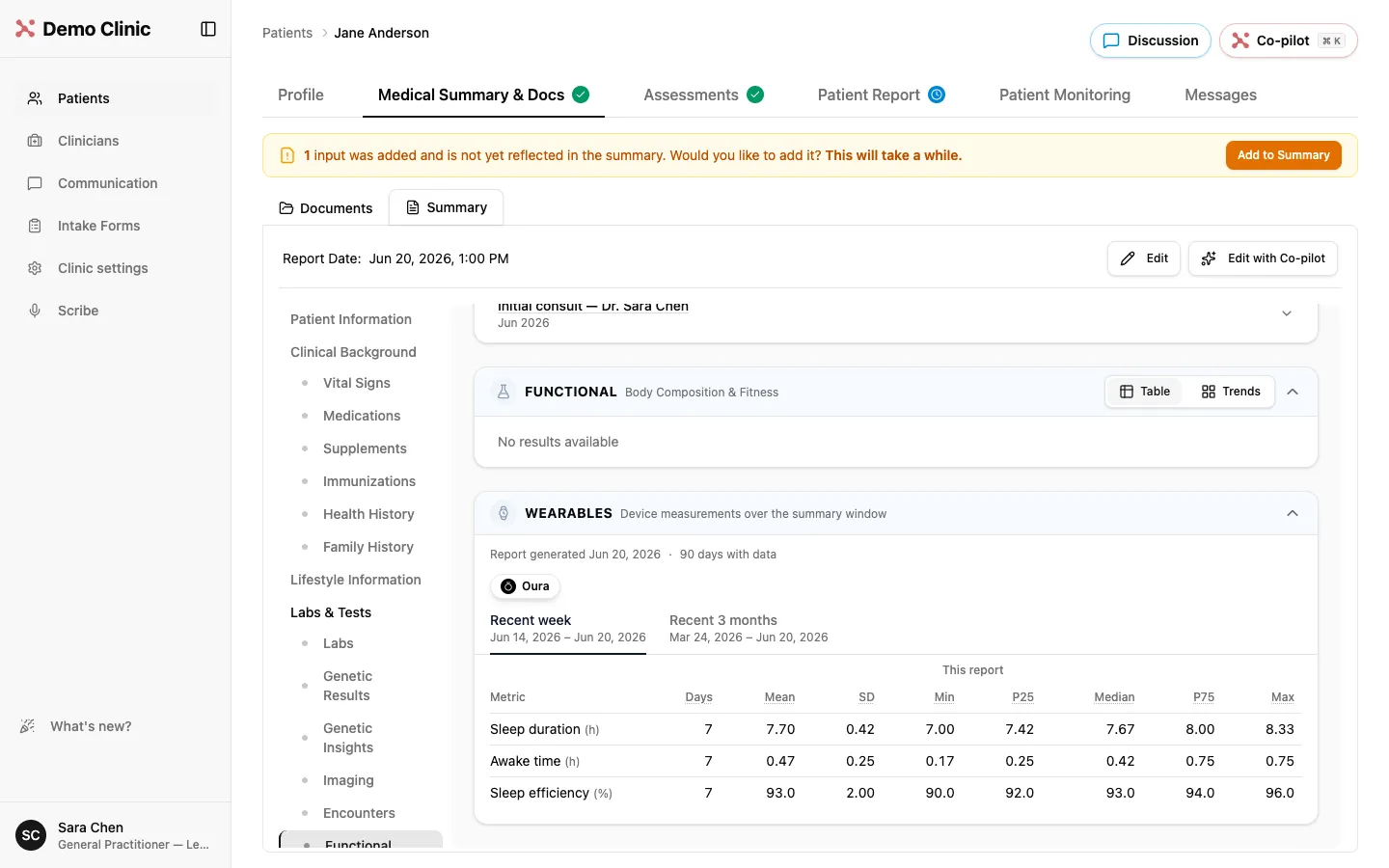 Wearables section of the Medical Summary with device metrics, mean, standard deviation and percentiles