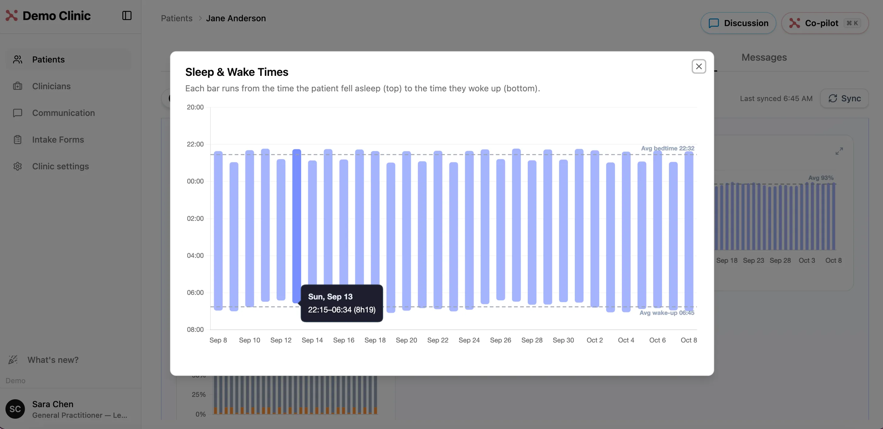 Sleep and wake times chart with average bedtime and wake-up lines, and a tooltip showing one night's sleep window