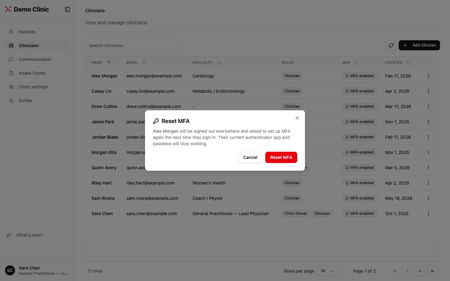 Reset MFA confirmation for a team member in the Clinicians list