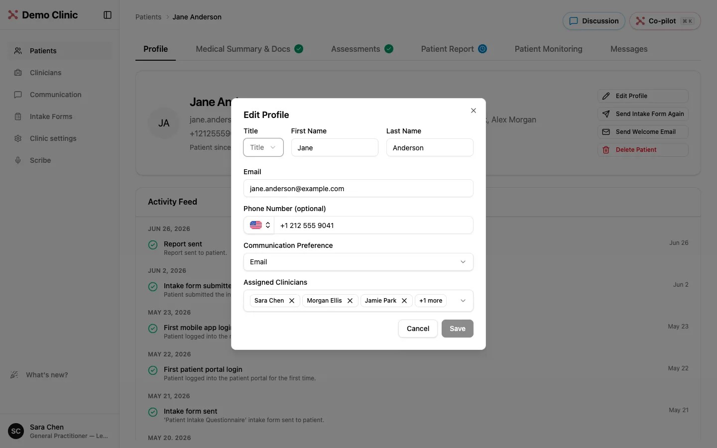 Edit Profile window with an editable patient email address